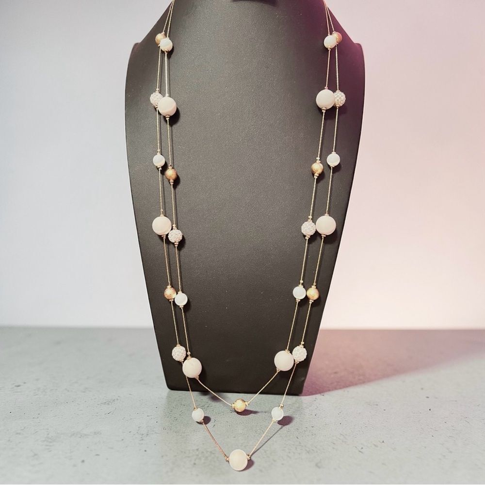 nOir Jewelry Double Strand Gold And White Crystal Necklace & Earrings Set